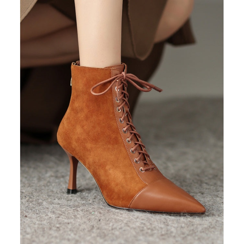 Brown Boots Stiletto Suede Unique Splicing Cross Strap Pointed Toe