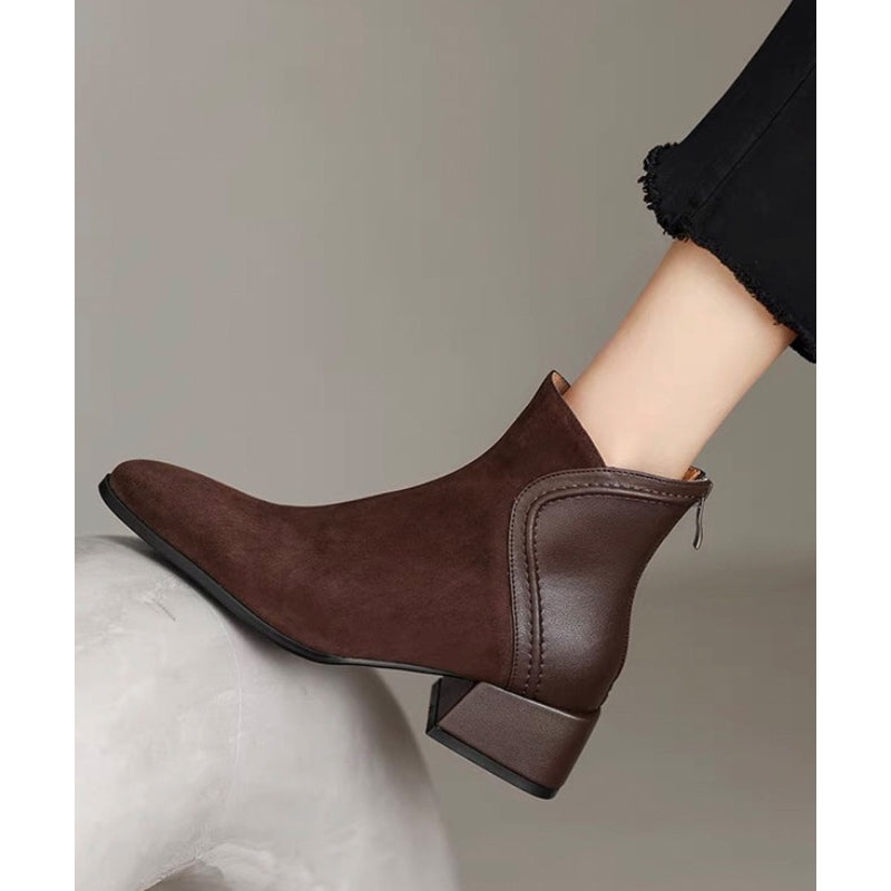 Brown Splicing Elegant Chunky Suede Boots