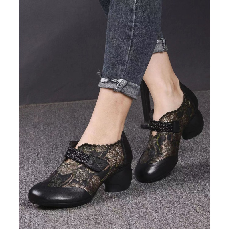 Buckle Strap Splicing Chunky Black Embossed Cowhide Leather