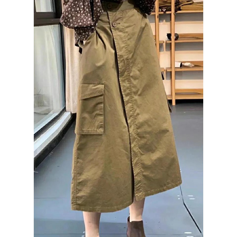Casual Khaki Button Pockets Patchwork Cotton Skirt Fall