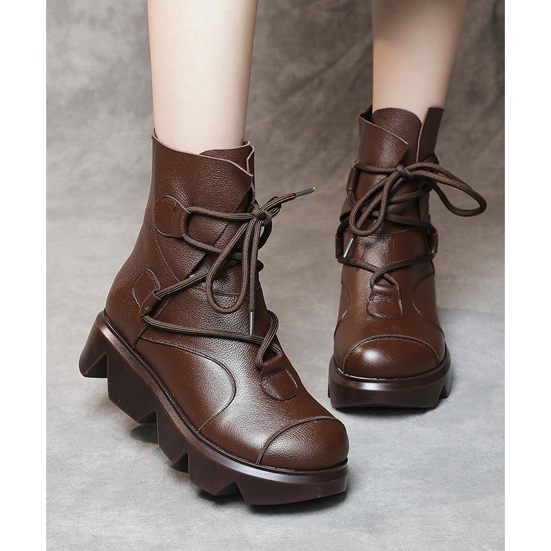 Casual Lace Up Splicing Platform Boots Dark Brown Cowhide Leather Fuzzy Wool Lined