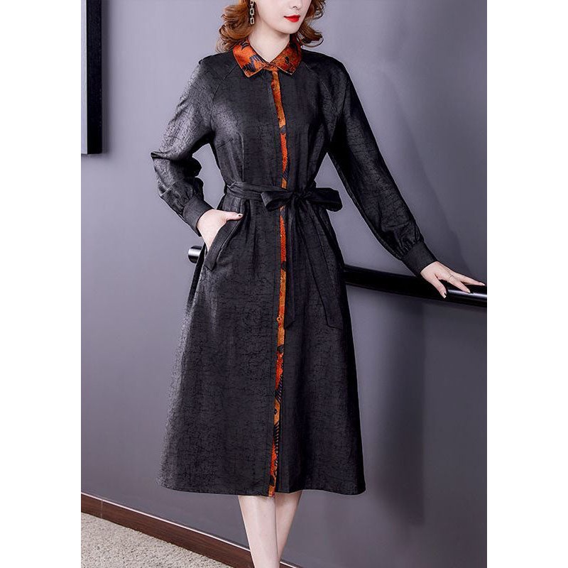 Chic Black Patchwork Tie Waist Silk Fake Two Piece Trench Coat Long Sleeve