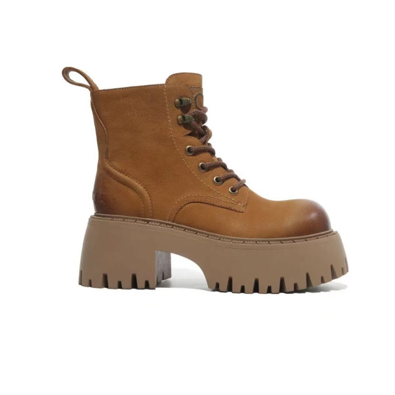 Chic Cross Strap Splicing Chunky Boots Light Brown Cowhide Leather