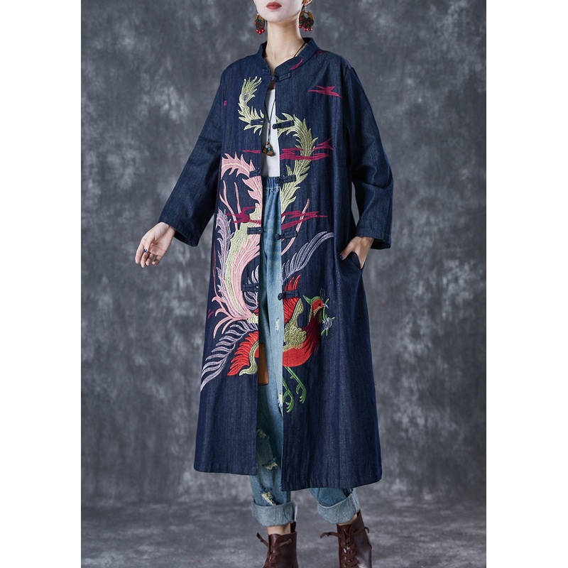 Chic Navy Phoenix Embroideried Chinese Button Denim Trench Fall