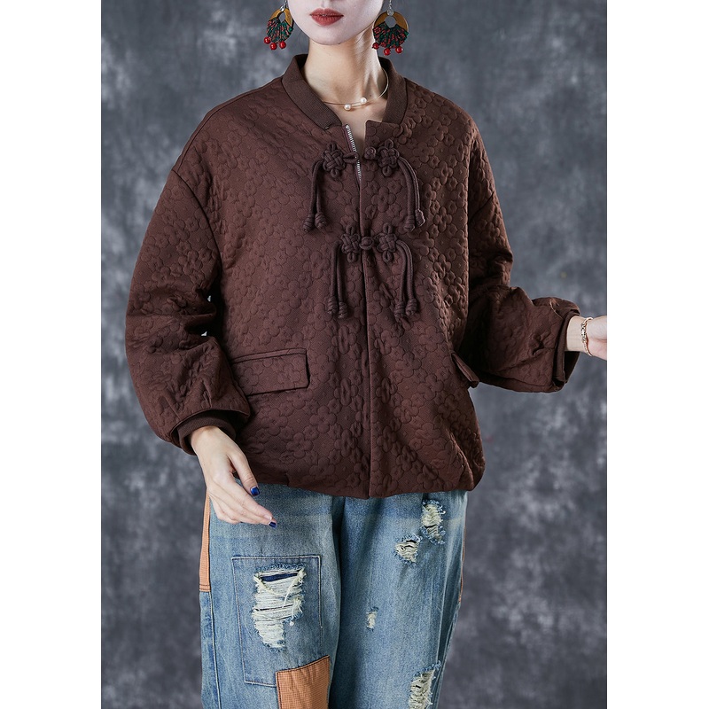 Chocolate Jacquard Cotton Jacket Tasseled Oversized Fall