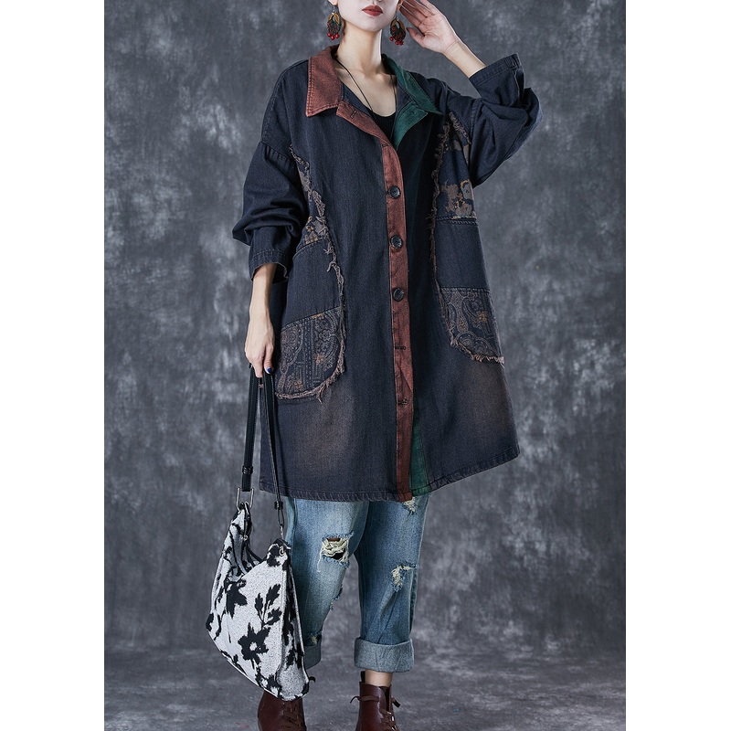 Classy Black Oversized Patchwork Denim Trench Fall