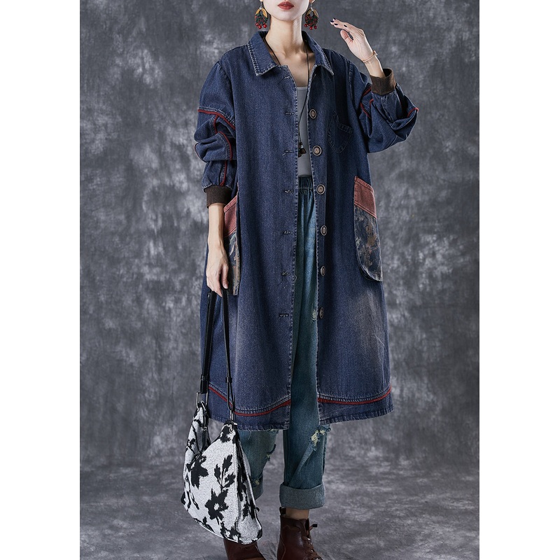 Classy Navy Oversized Patchwork Pocket Cotton Coat Fall