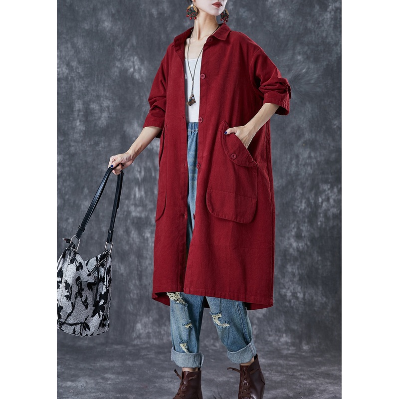Classy Red Oversized Pockets Cotton Trench Coats Fall