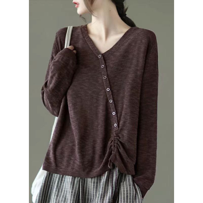 Coffee Button Lace Up Patchwork Knitting Top V Neck Long Sleeve