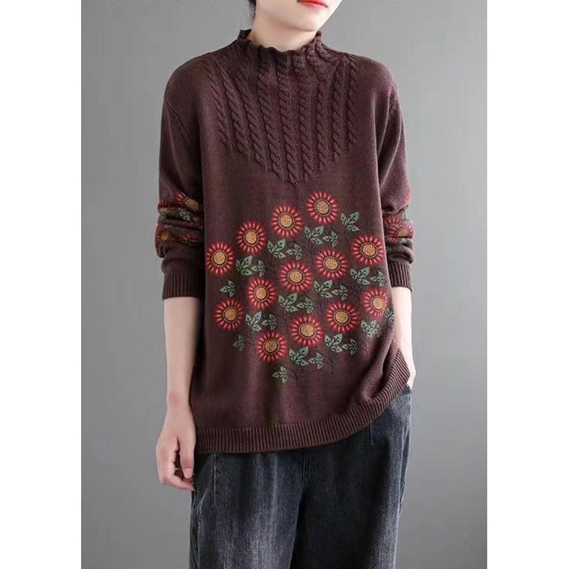 Coffee Cozy Patchwork Knitted Cotton Sweaters Turtleneck Long Sleeve