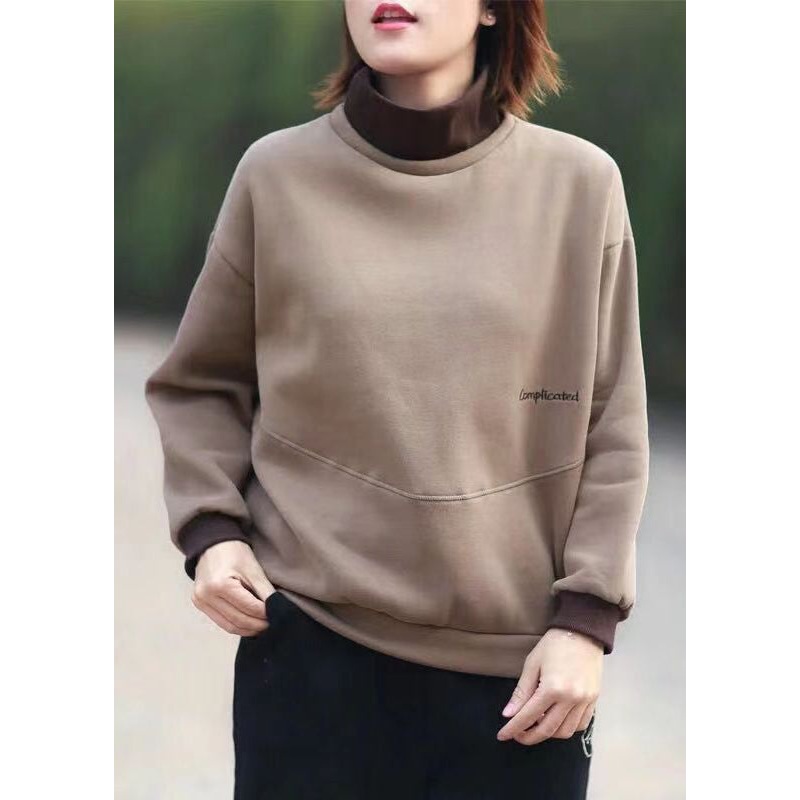 Coffee Patchwork Loose Sweatshirts Turtleneck Long Sleeve