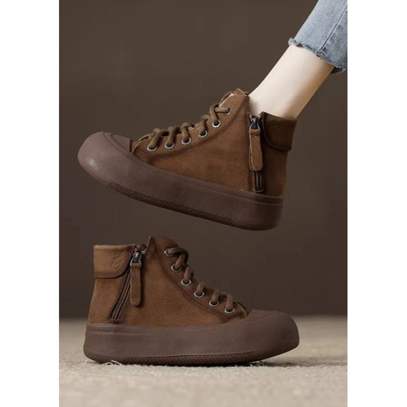 Comfy Brown Cowhide Leather Ankle Boots Splicing Cross Strap