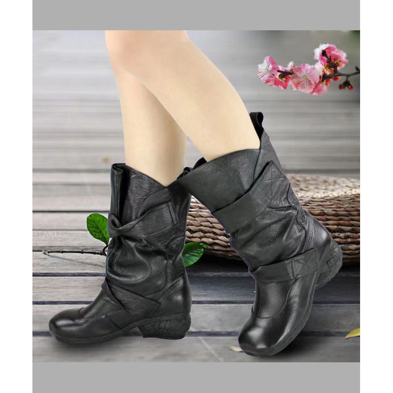 Comfy Cowhide Leather Boots Black Splicing Buckle Strap