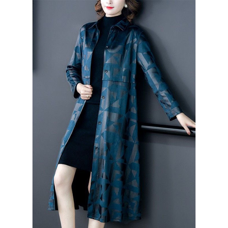Diy Blue Peter Pan Collar Patchwork Print Silk Trench Coats Long Sleeve