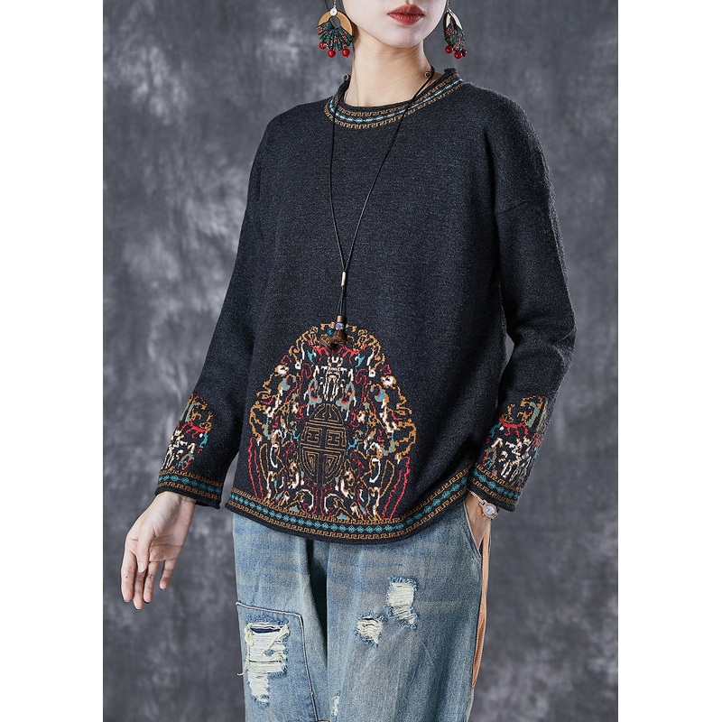 Elegant Black O-Neck Print Cotton Blouses Fall