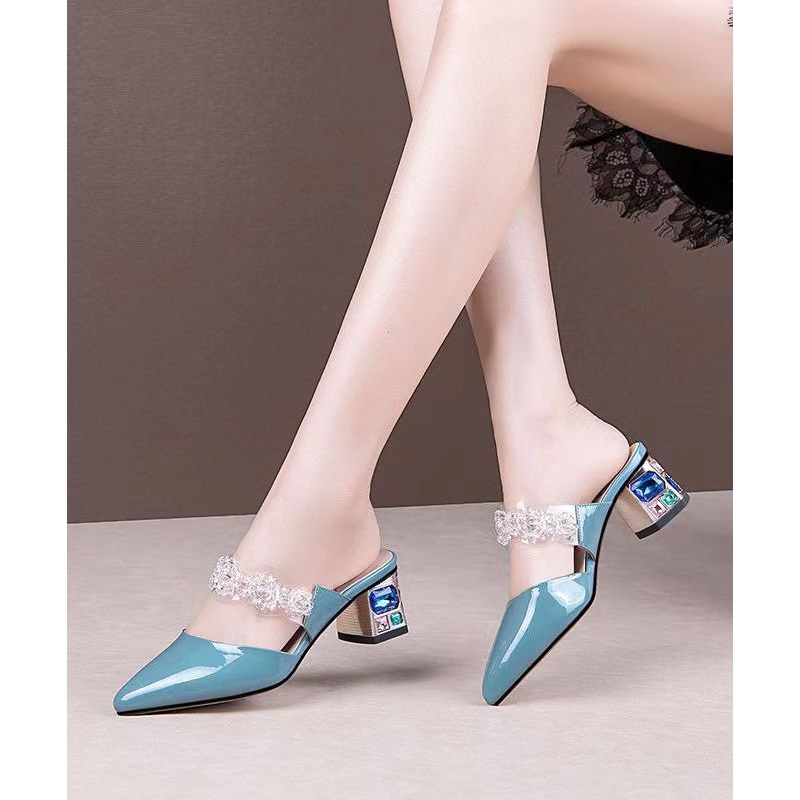 Elegant Crystal Flower Splicing Chunky Blue Cowhide Leather
