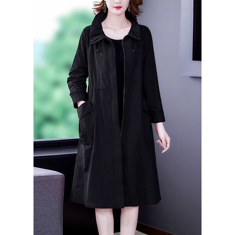Fitted Black Drawstring Zip Up Pockets Silk Coat Long Sleeve