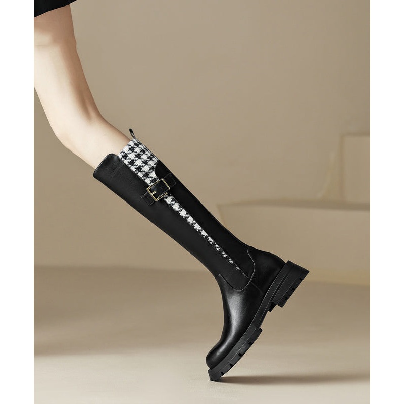 French Black Plaid Buckle Zippered Splicing Boots