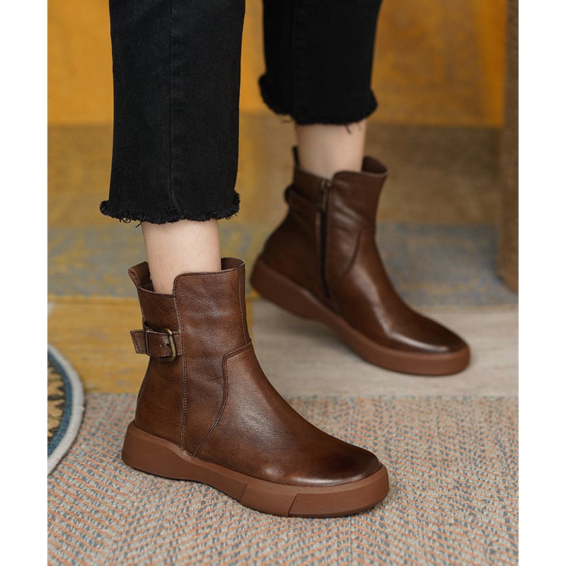 French Brown Cowhide Leather Splicing Boots