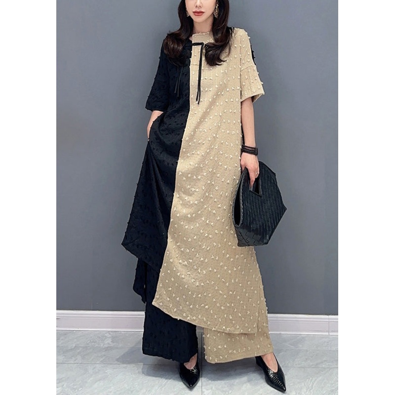 French Khaki Asymmetrical Pockets Patchwork Cotton Two Pieces Set Summer