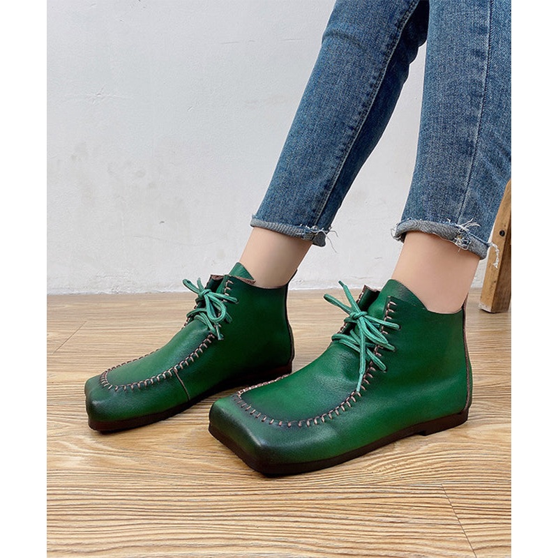 Green Cross Strap Handmade Comfy Splicing Ankle Boots