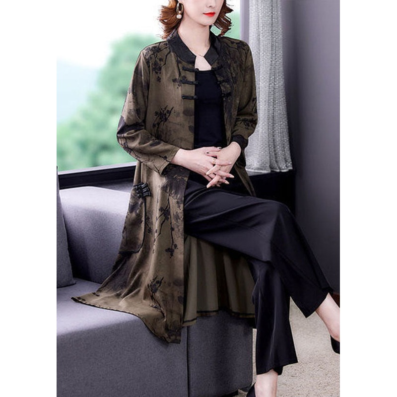 Green Oriental Silk Coat Outwear Stand Collar Print Long Sleeve