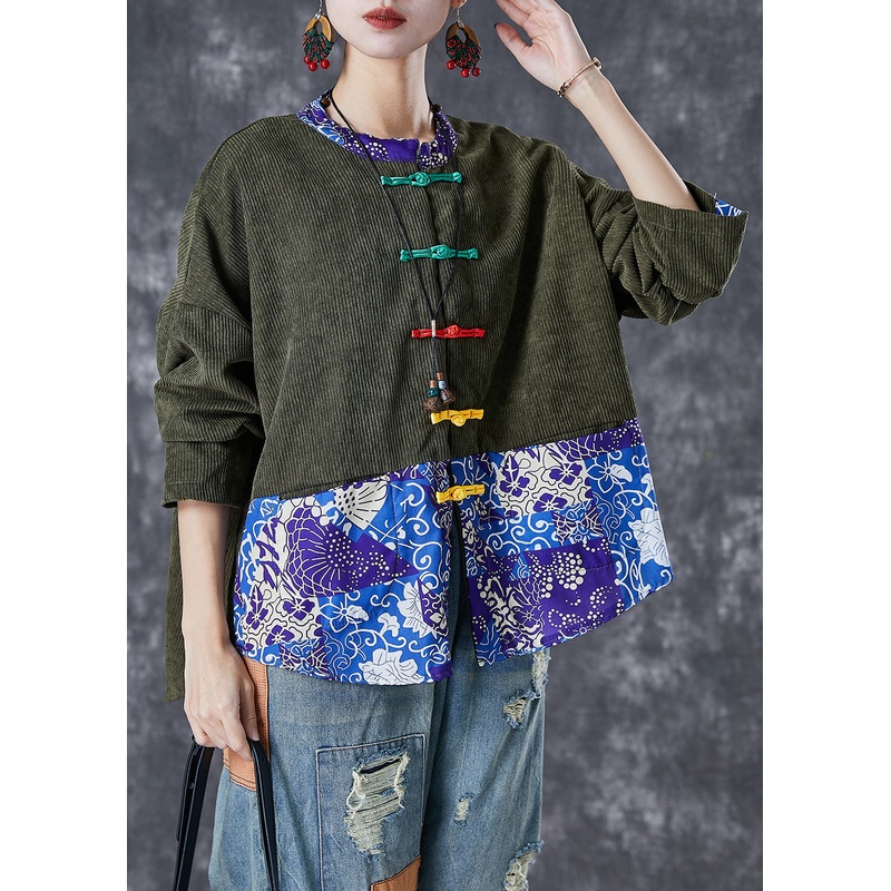 Green Patchwork Corduroy Coats Chinese Button Fall