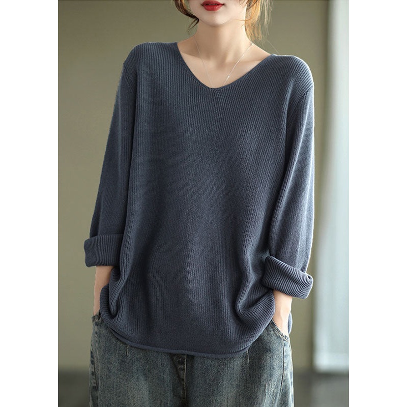 Grey Blue Patchwork Cozy Knitting Cotton Shirt Tops V Neck Fall