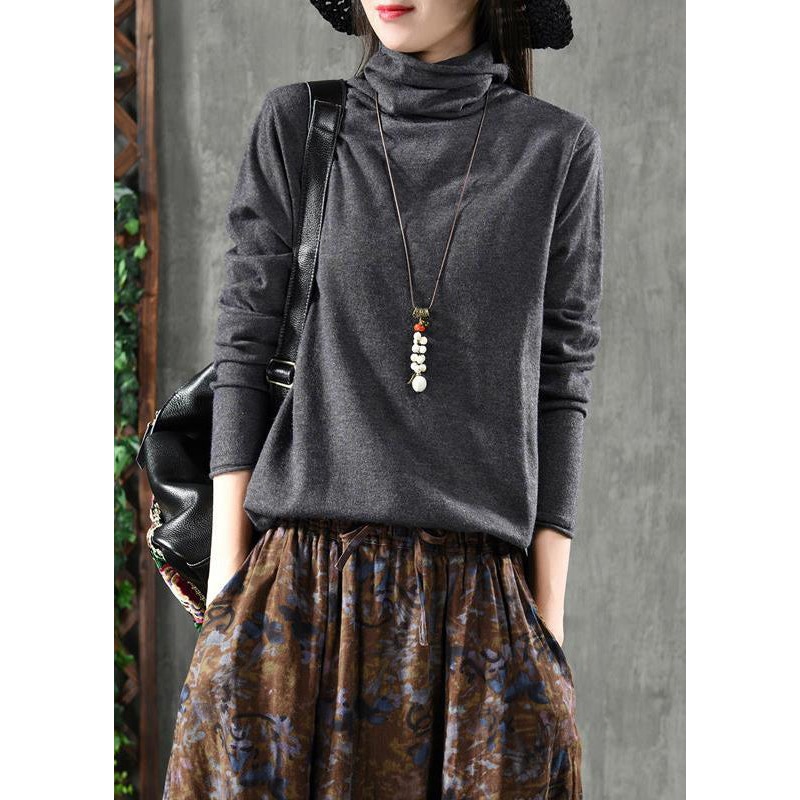 Grey Patchwork Loose Knitting Cotton Tops Turtleneck Fall