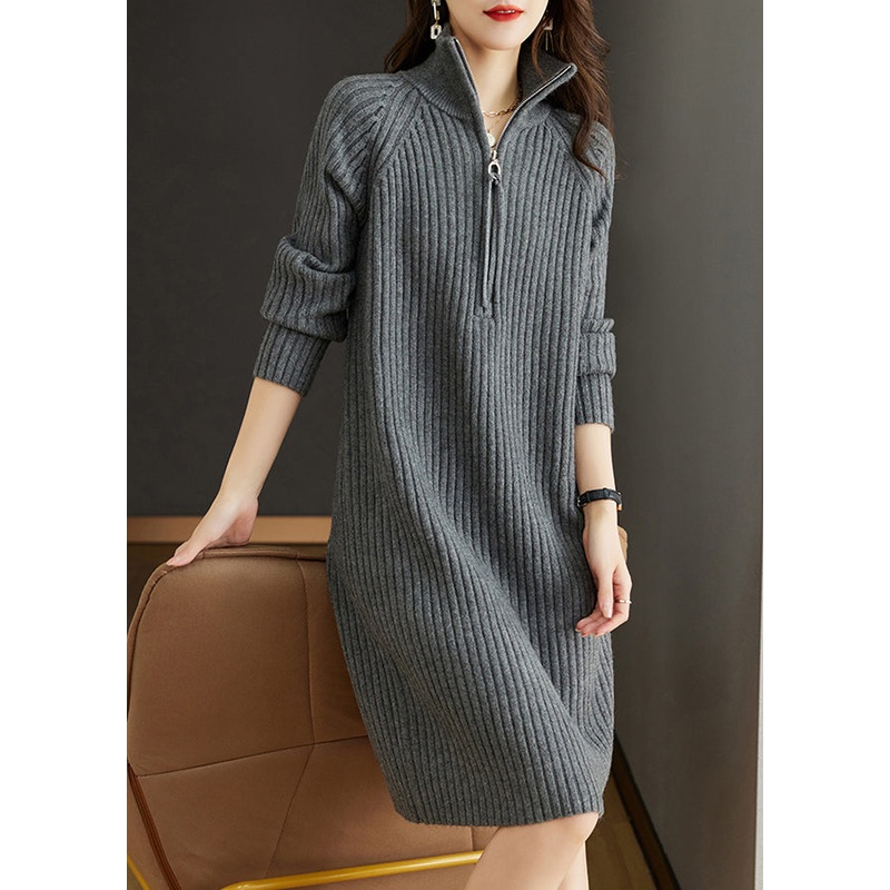 Grey Patchwork Loose Woolen Knit Dresses Turtleneck Long Sleeve