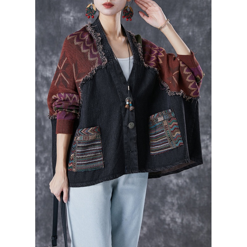 Handmade Black Oversized Patchwork Knit Denim Jackets Fall