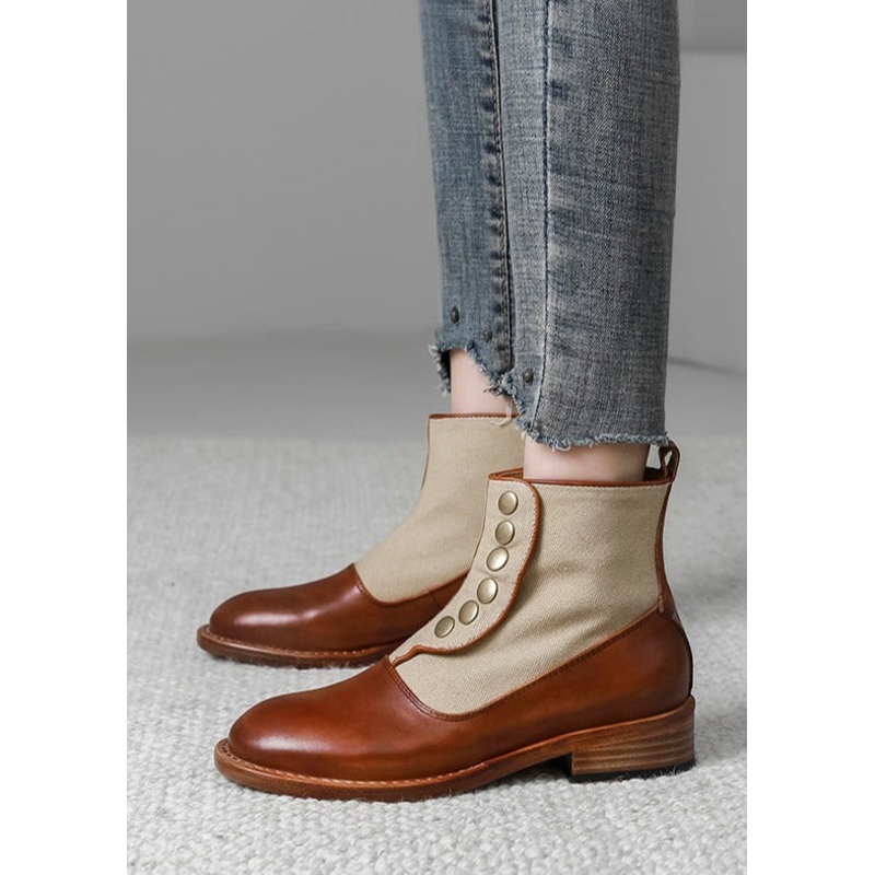 Handmade Retro Splicing Chunky Boots Brown Faux Leather
