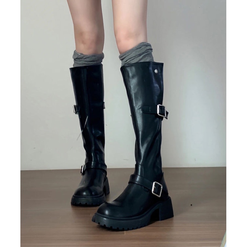 Italian Black Buckle Strap Splicing Chunky Long Boots