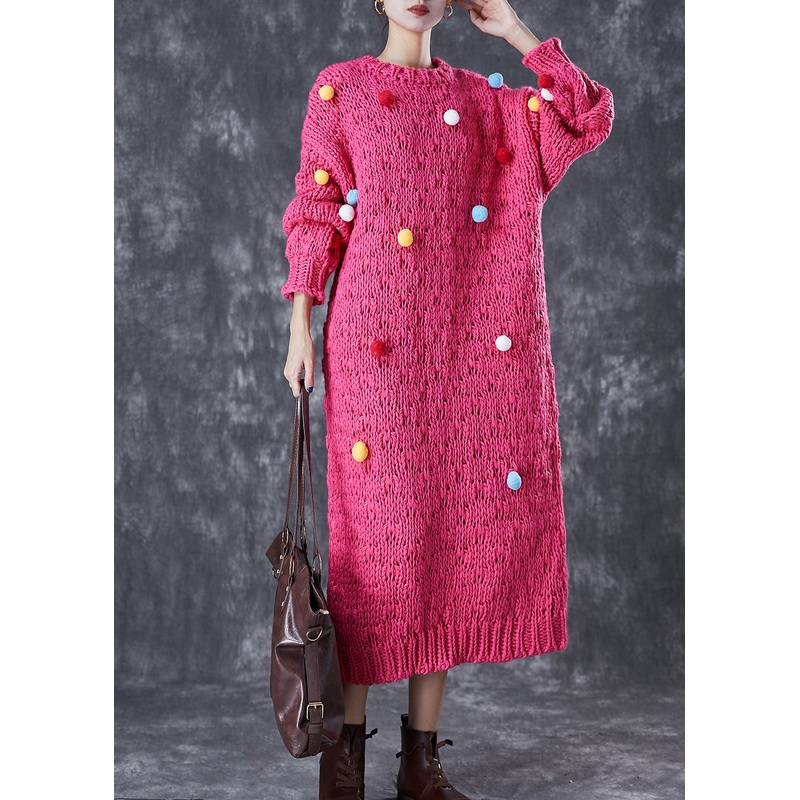 Italian Rose Fuzzy Ball Decorated Knit Long Sweater Dress Winter