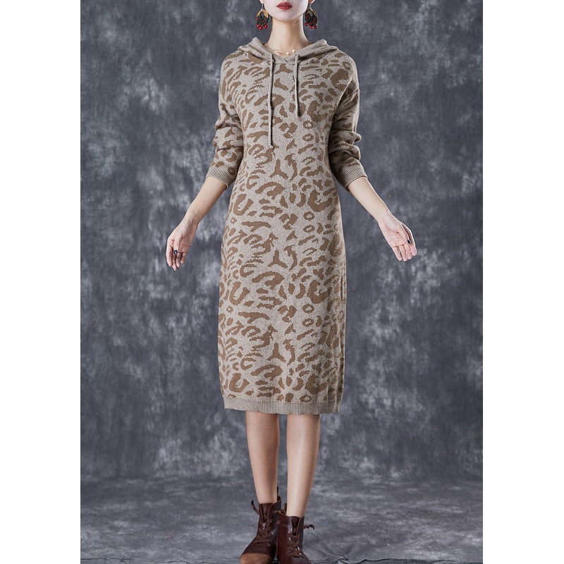 Khaki Leopard Print Knit Sweatshirt Dress Hooded Drawstring Fall