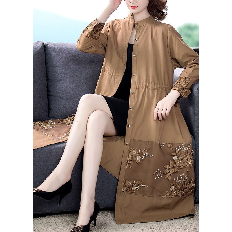 Khaki Patchwork Cotton Coats Stand Collar Drawstring Long Sleeve