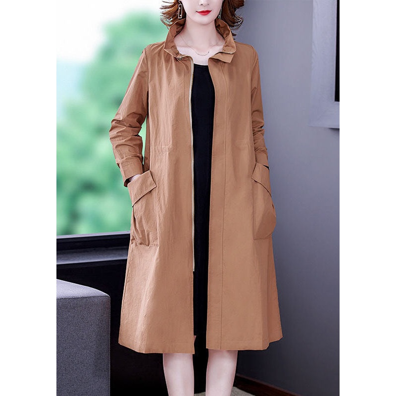 Khaki Solid Silk Trench Drawstring Zippered Long Sleeve