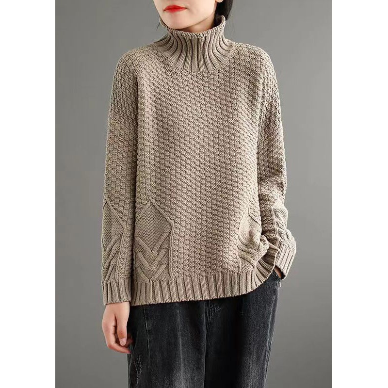 Loose Apricot Turtleneck Patchwork Knitted Cotton Sweaters Fall