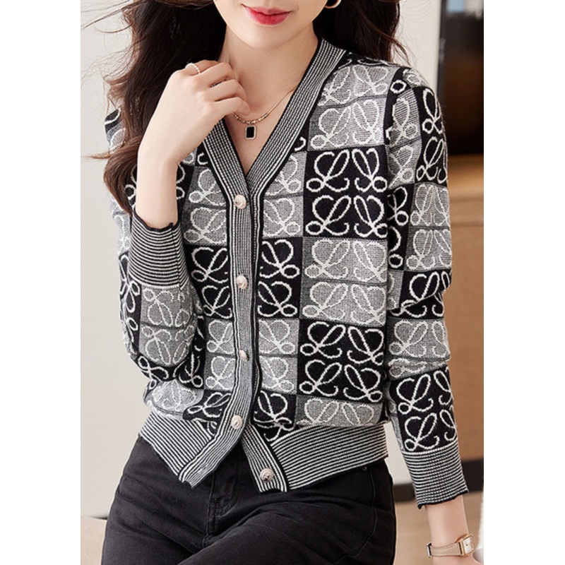 Loose Black V Neck Button Patchwork Knit Tops Fall
