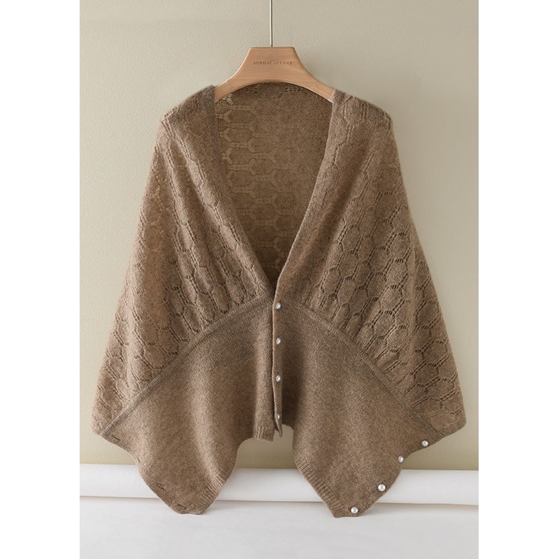 Loose Camel V Neck Button Patchwork Dual Use Cape Fall