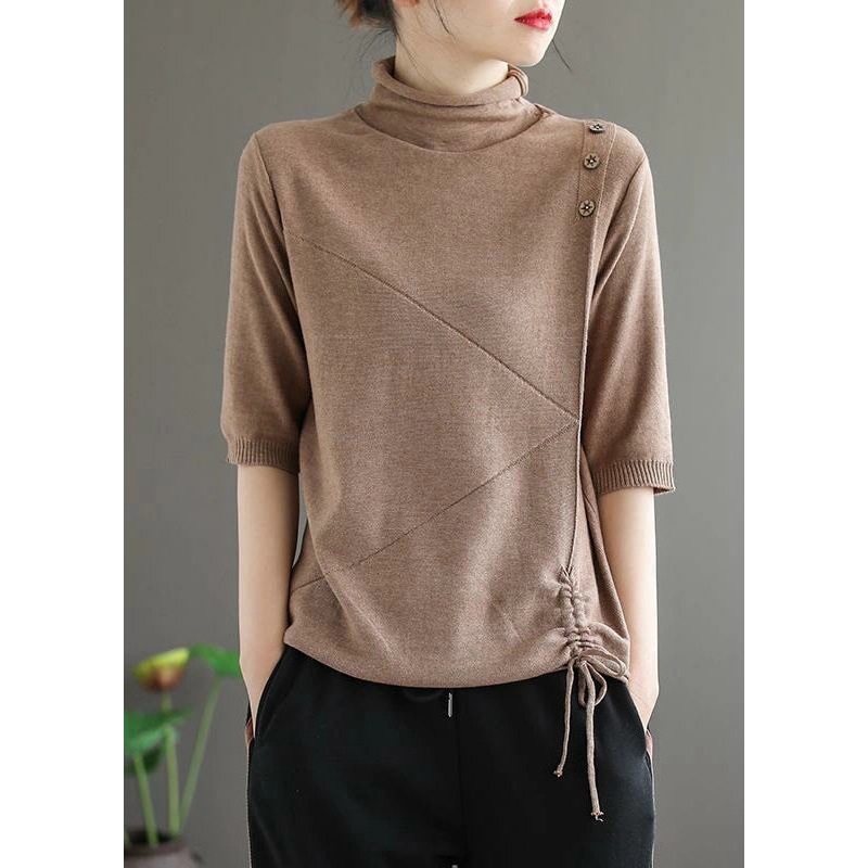 Loose Khaki Turtleneck Drawstring Patchwork Knit Tops Half Sleeve