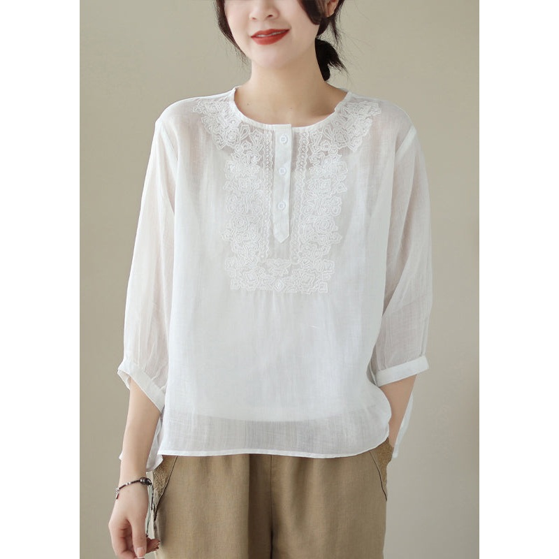 Loose White Embroideried Button Patchwork Cotton Blouse Summer