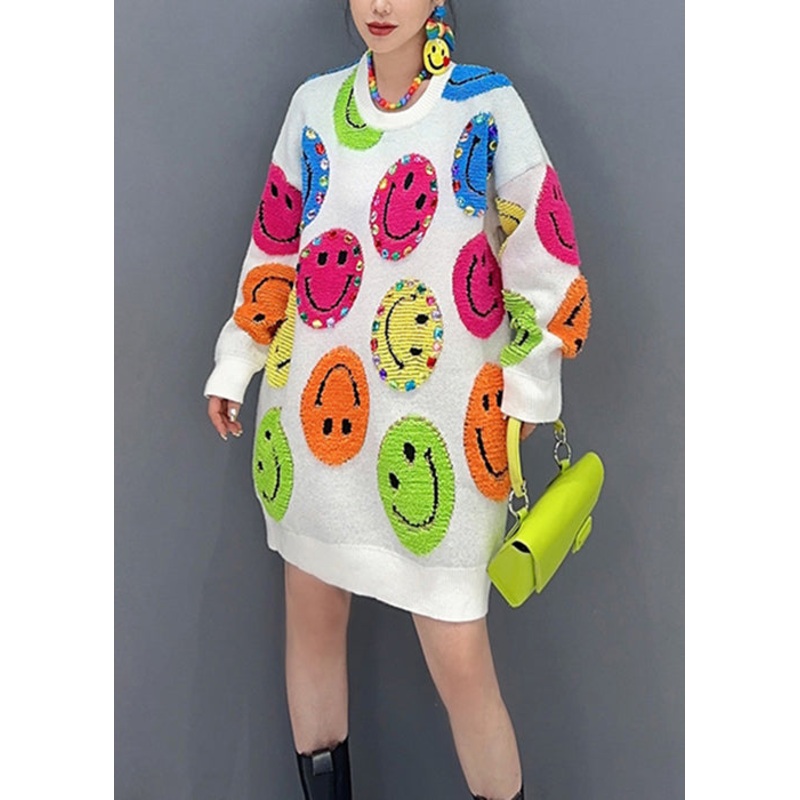 Loose White O Neck Embroidered Patchwork Knit Mid Dress Fall