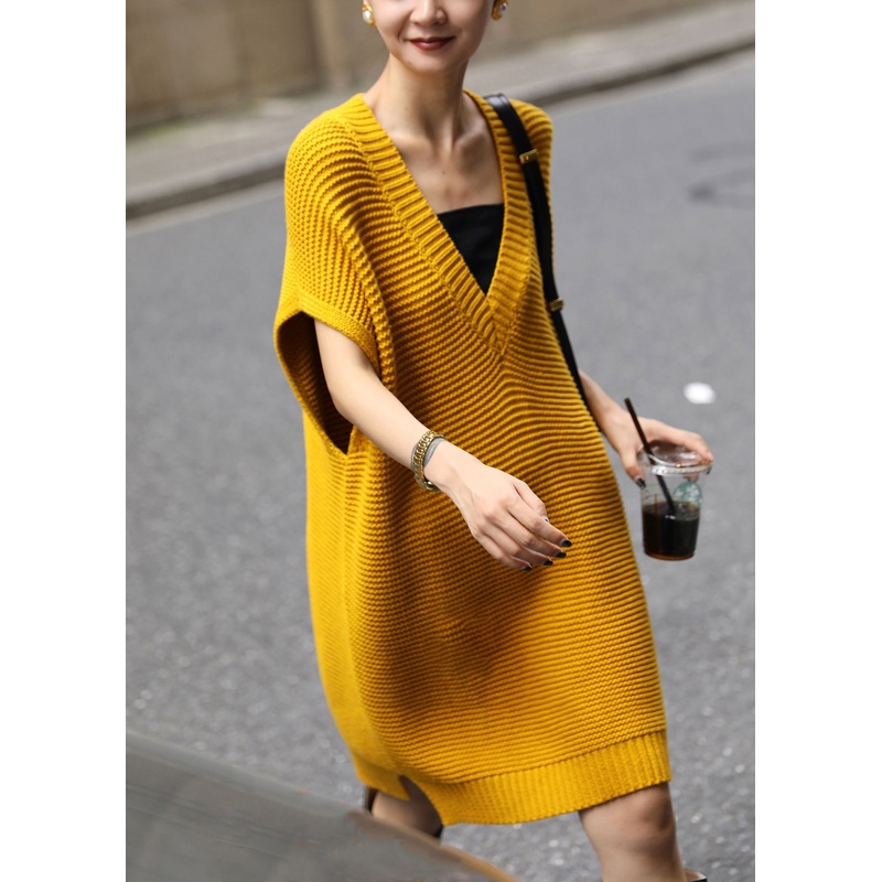 Loose Yellow V Neck Side Open Knit Waistcoat Dress Fall