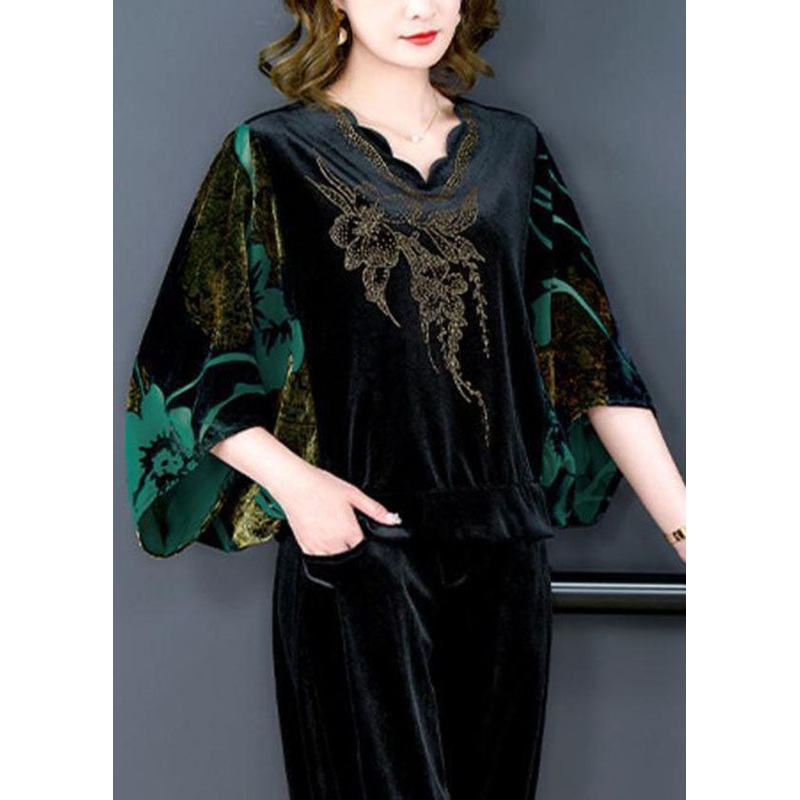 Modern Green V Neck Print Silk Velour Tops And Pants Two Pieces Set Batwing Sleeve