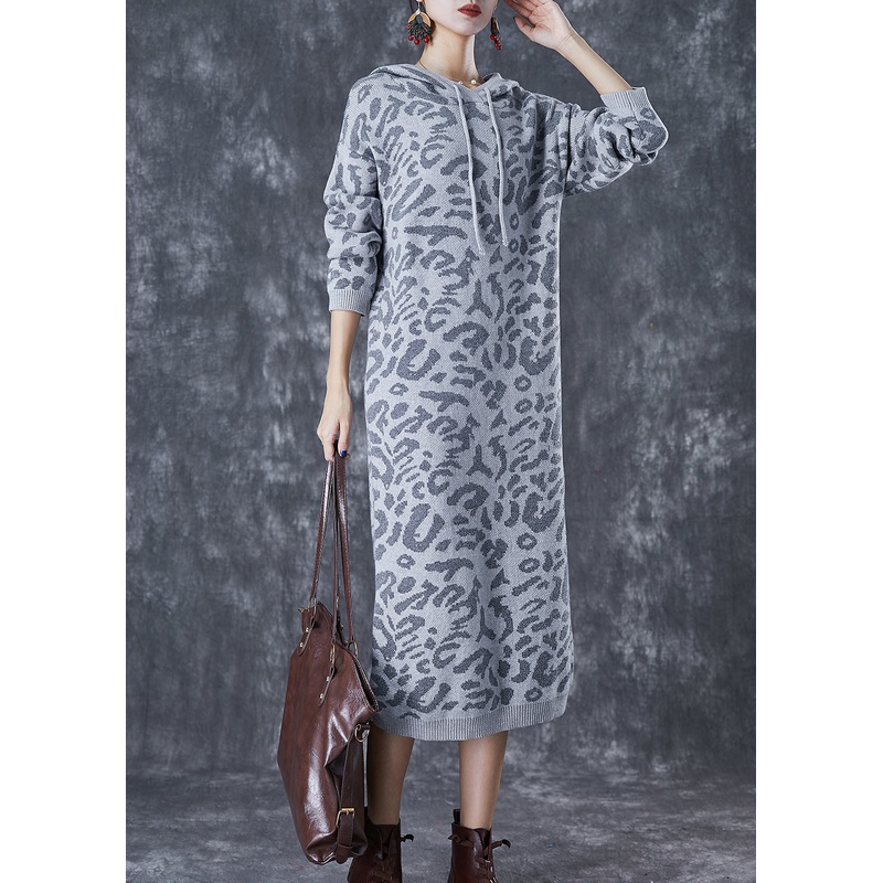 Modern Grey Hooded Leopard Print Knit Pullover Sweatshirt Dress Fall