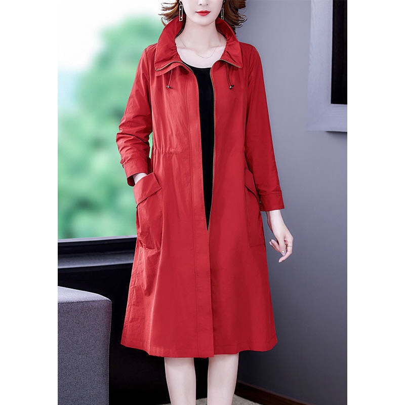 Modern Red Stand Collar Zip Up Silk Coat Outwear Long Sleeve