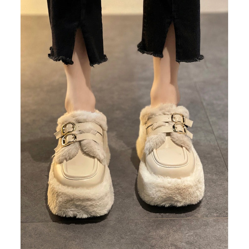 New Beige Splicing Platform Teddy Slide Sandals