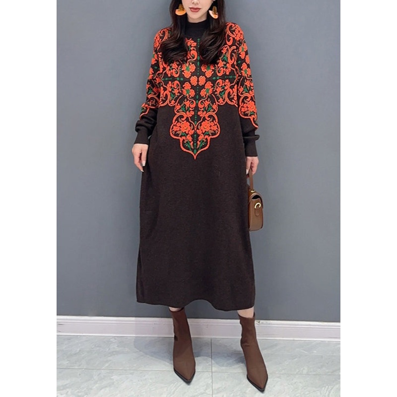 New Brown Turtleneck Print Patchwork Knit Long Dress Fall