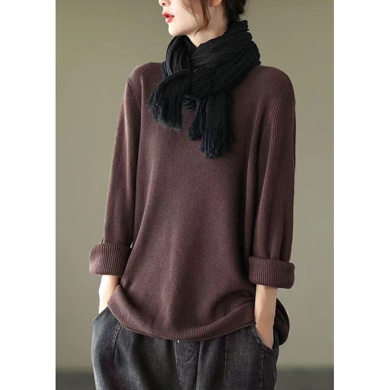 New Coffee V Neck Cozy Knitting Cotton Top Long Sleeve